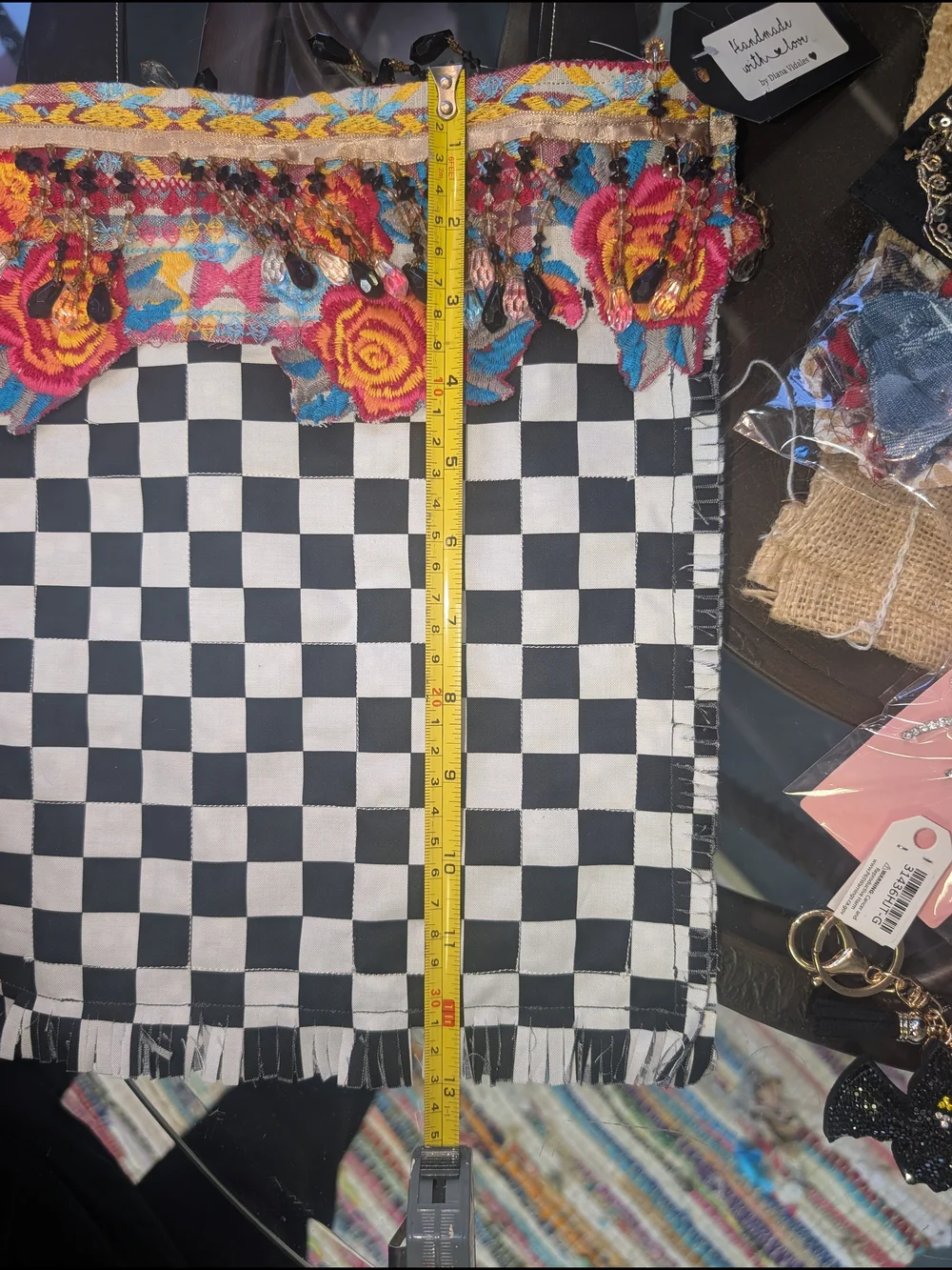 Boho Black & White Checkered Tote with Multicolor Embellished Trim